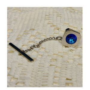 Silver Tie Tack with Blue Round Stone for Men